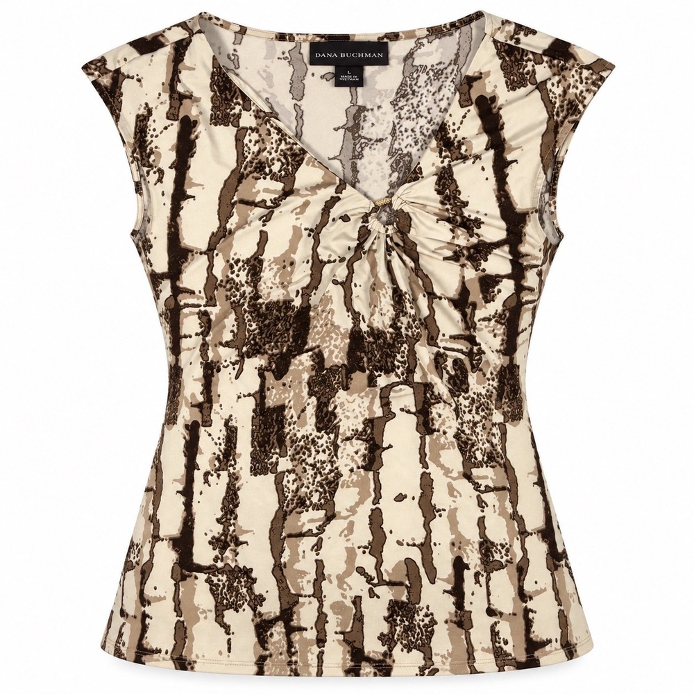 Dana Buchman Womens Large V-Neck Sleeveless Abstract Print Top Tan Brown